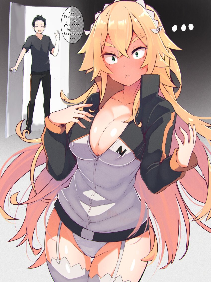 1boy 1girls barto big_breasts blonde_hair blush embarrassed frederica_baumann hoodie light-skinned_female light-skinned_male light_skin long_hair natsuki_subaru opening_door panties re:zero_kara_hajimeru_isekai_seikatsu thick_thighs wide_hips zerobarto