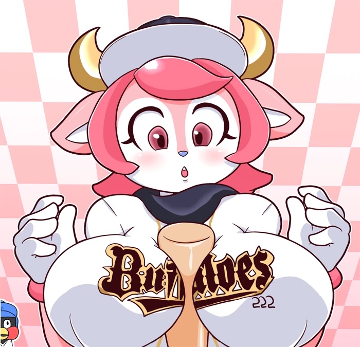 1boy 1girls baseball baseball_bat baseball_cap baseball_uniform bell big_breasts blush breast_press breasts buffalo buffalo_bell female horn lollipopcon orix_buffaloes penguin pink_hair pink_skin sechomi11 solo_focus white_skin