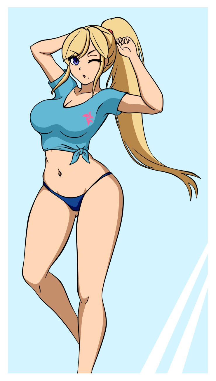 1girls, 2d, arms up, bikini, female, light skin, looking at viewer, mcarthur1010, metroid, no pants, pantsu, samus aran, solo, solo female, t-shirt, tagme, wink, woomy1010