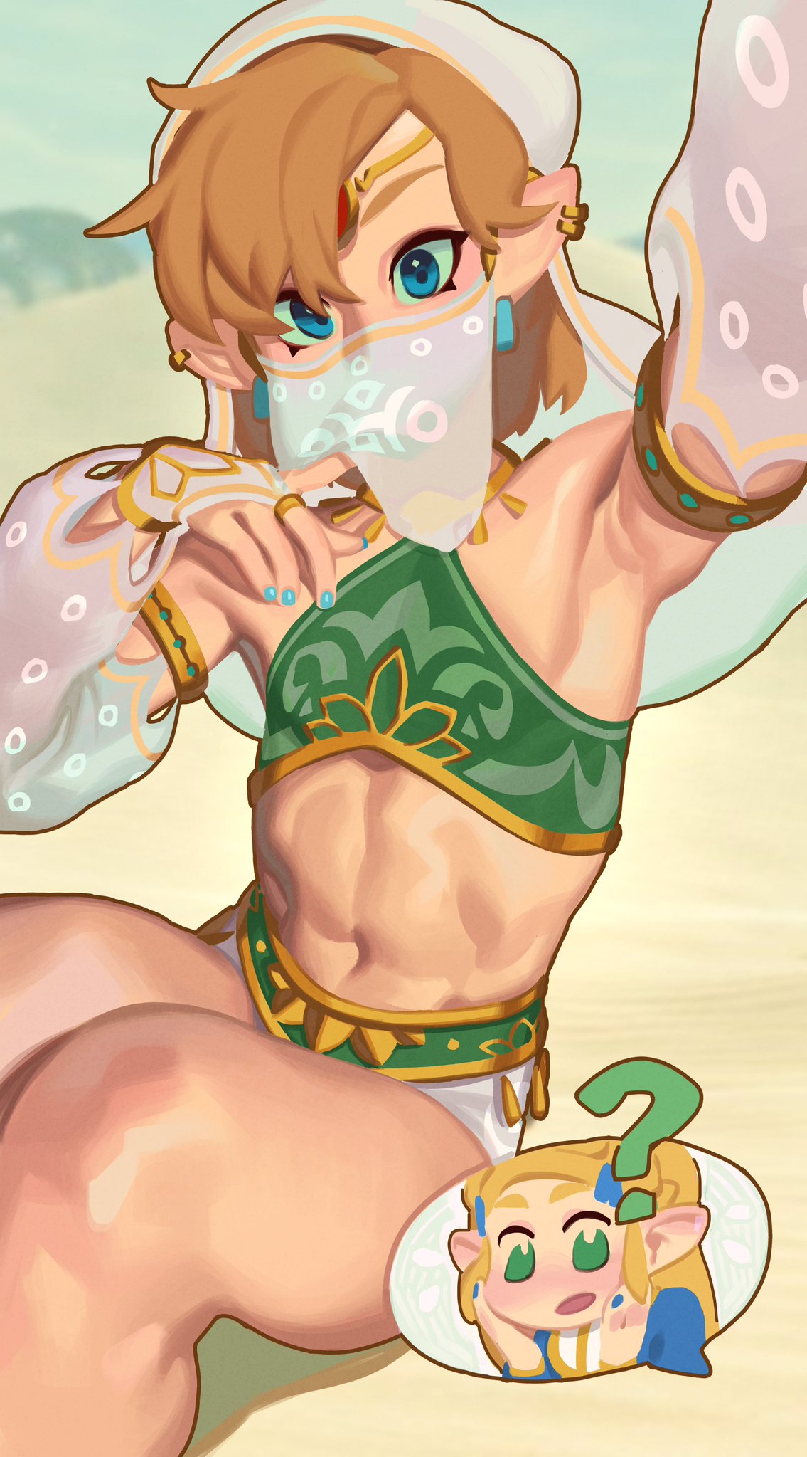 1boy abs armwear blonde_hair blue_eyes blue_shirt breath_of_the_wild crossdressing earrings female femboy feminine feminine_male gerudo_link gerudo_top gerudo_veil girly girly_clothing glo-s-s green_clothing headwear link link_(breath_of_the_wild) male male_focus mask mask_lift masked_male muscular nail_polish nintendo no_pants pose pretty_boy princess_zelda questioning selfie slutty_clothing slutty_outfit sole_male solo_male the_legend_of_zelda thighs toned toned_body toned_male white_mask zelda_(breath_of_the_wild)