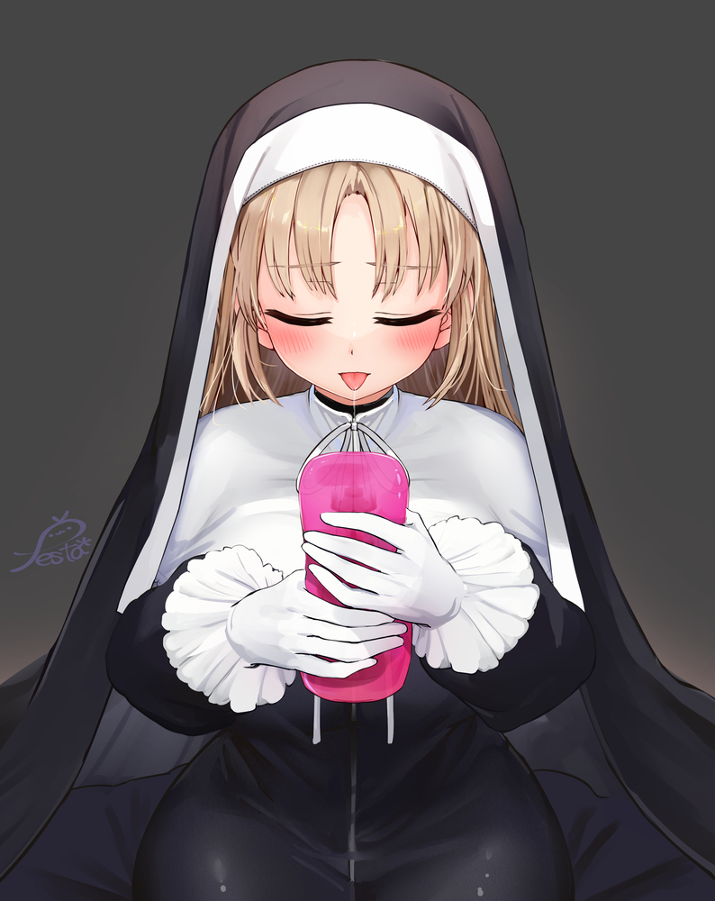 artificial_vagina bangs black_dress blonde_hair blush breasts brown_hair capelet closed_eyes commentary_request dress drooling female festa11307070 frilled_gloves frills full-length_zipper gloves grey_background habit high_collar holding large_breasts light_brown_hair long_dress long_hair long_sleeves nijisanji nun open_mouth saliva saliva_drip saliva_trail sex_toy signature simple_background sister_cleaire solo straight_hair tongue tongue_out virtual_youtuber white_capelet white_gloves zipper zipper_dress