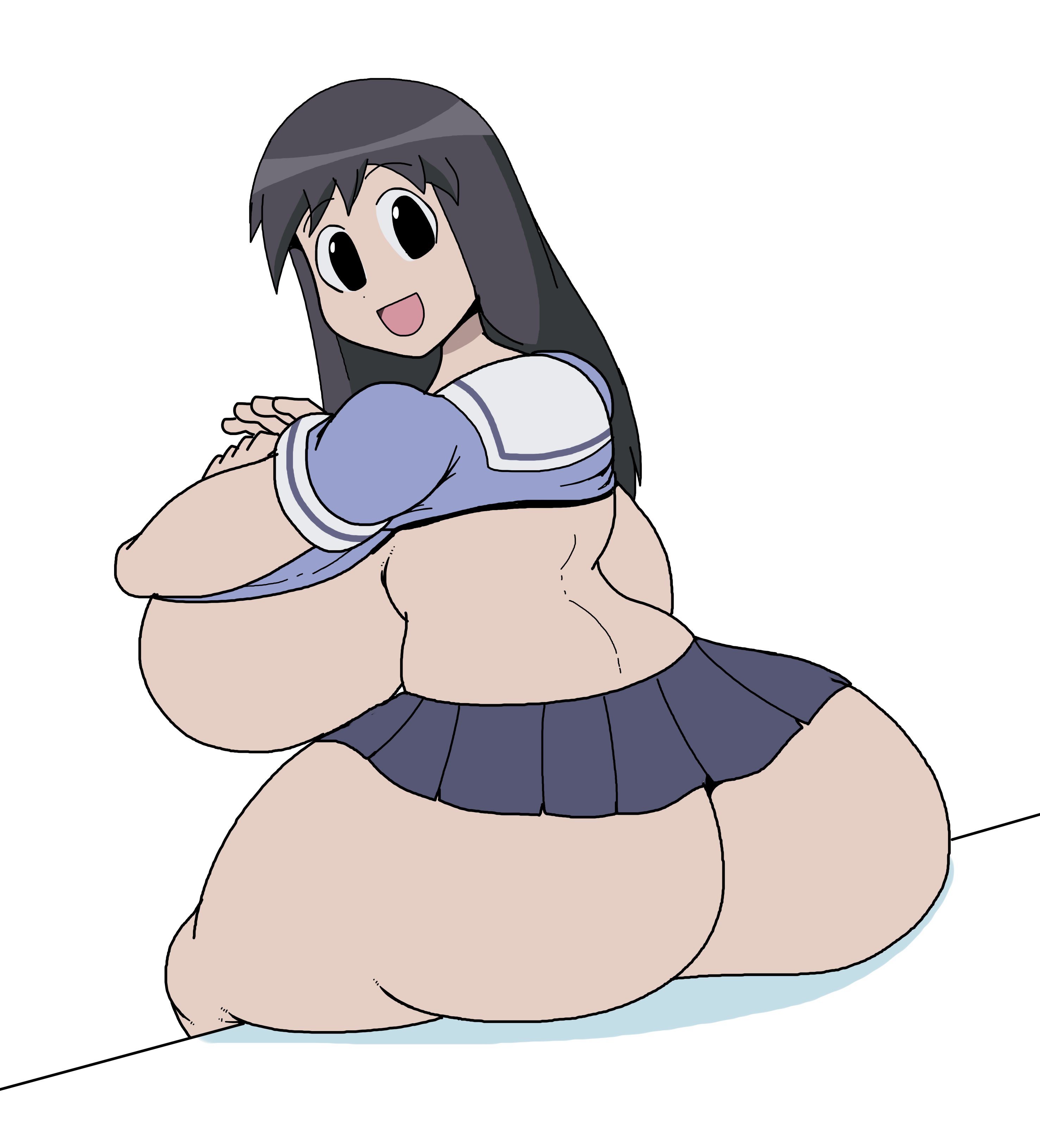 1girls, ass, ass hanging out, ass hanging out of skirt, azumanga daiou, big ass, big breasts, bottomless, breasts, breasts bigger than head, breasts out, clothed, clothed female, female, female only, huge ass, huge breasts, looking back, not osaka, poopishness, solo, tagme, white background