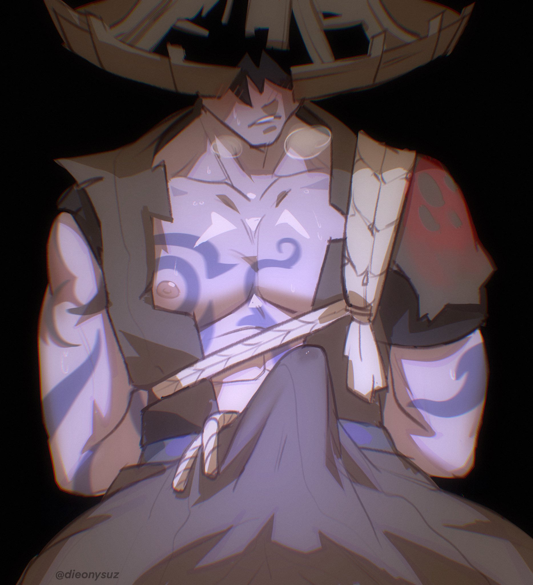 1boy, asian, asian male, bara, black hair, bulge, cleavage, dieonysuz, genshin impact, hat, japanese clothes, katayama tatsumi (genshin impact), male, male only, muscles, muscular, muscular male, nobushi (genshin impact), short hair, solo, solo focus, solo male, tattoo, tattoos, tied up, yaoi