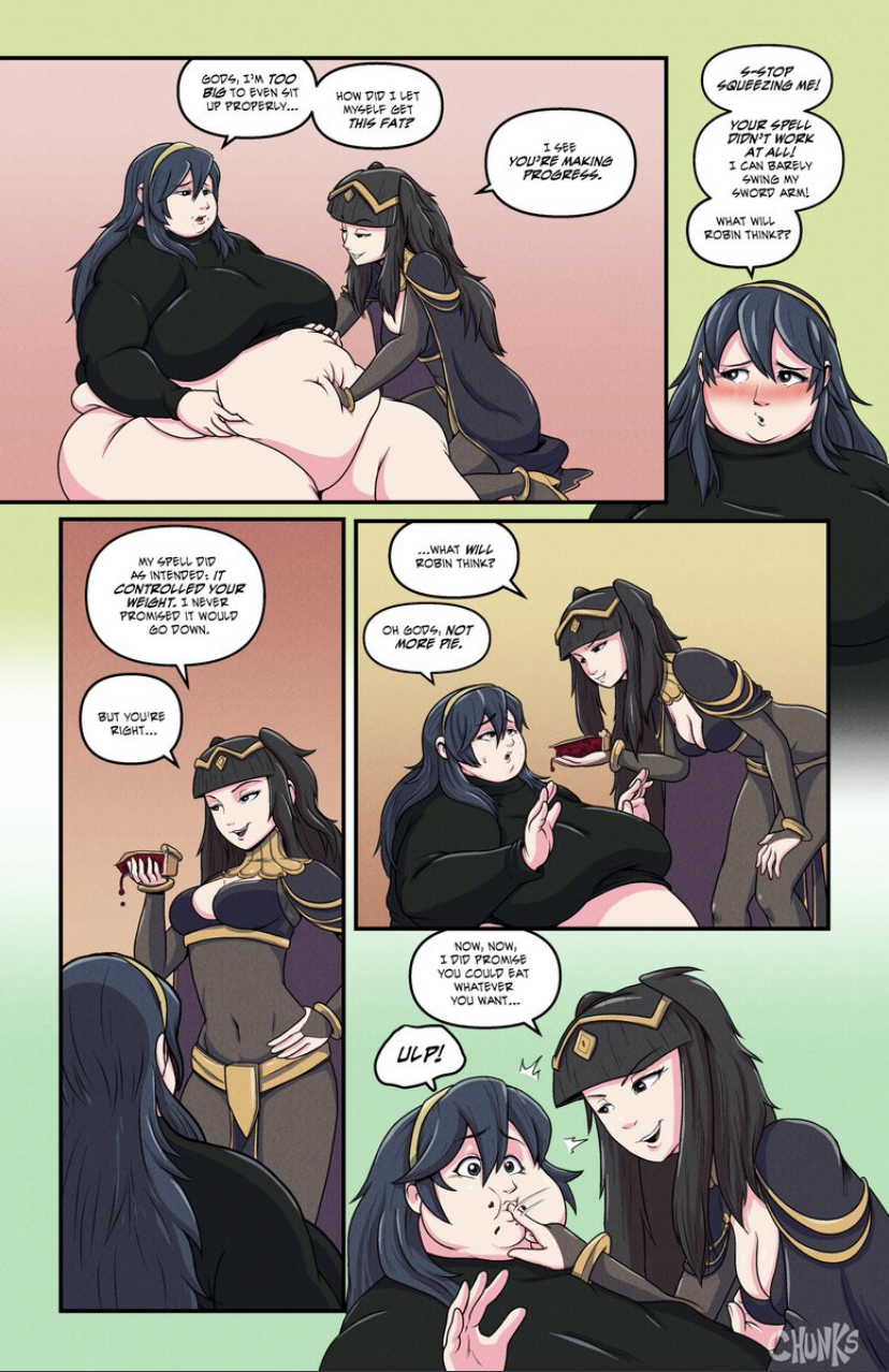 2girls bbw big_belly big_female blush chubby chubby_female chunkerchunks embarrassed english_text fat fat_fetish fat_girl fat_rolls fat_woman feeding female female_only fire_emblem fire_emblem_awakening large_female lucina_(fire_emblem) nintendo obese obese_female overweight overweight_female pie speech_bubble text tharja_(fire_emblem) thick_thighs