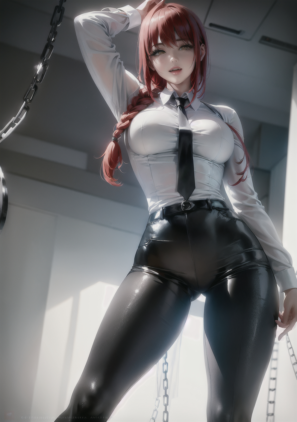 1girls, ai generated, ass visible through thighs, chainsaw man, curvaceous, curvy body, curvy female, curvy figure, female, hi res, leather, makima (chainsaw man), office lady, seductive look, stable diffusion, suit, voluptuous, voluptuous female