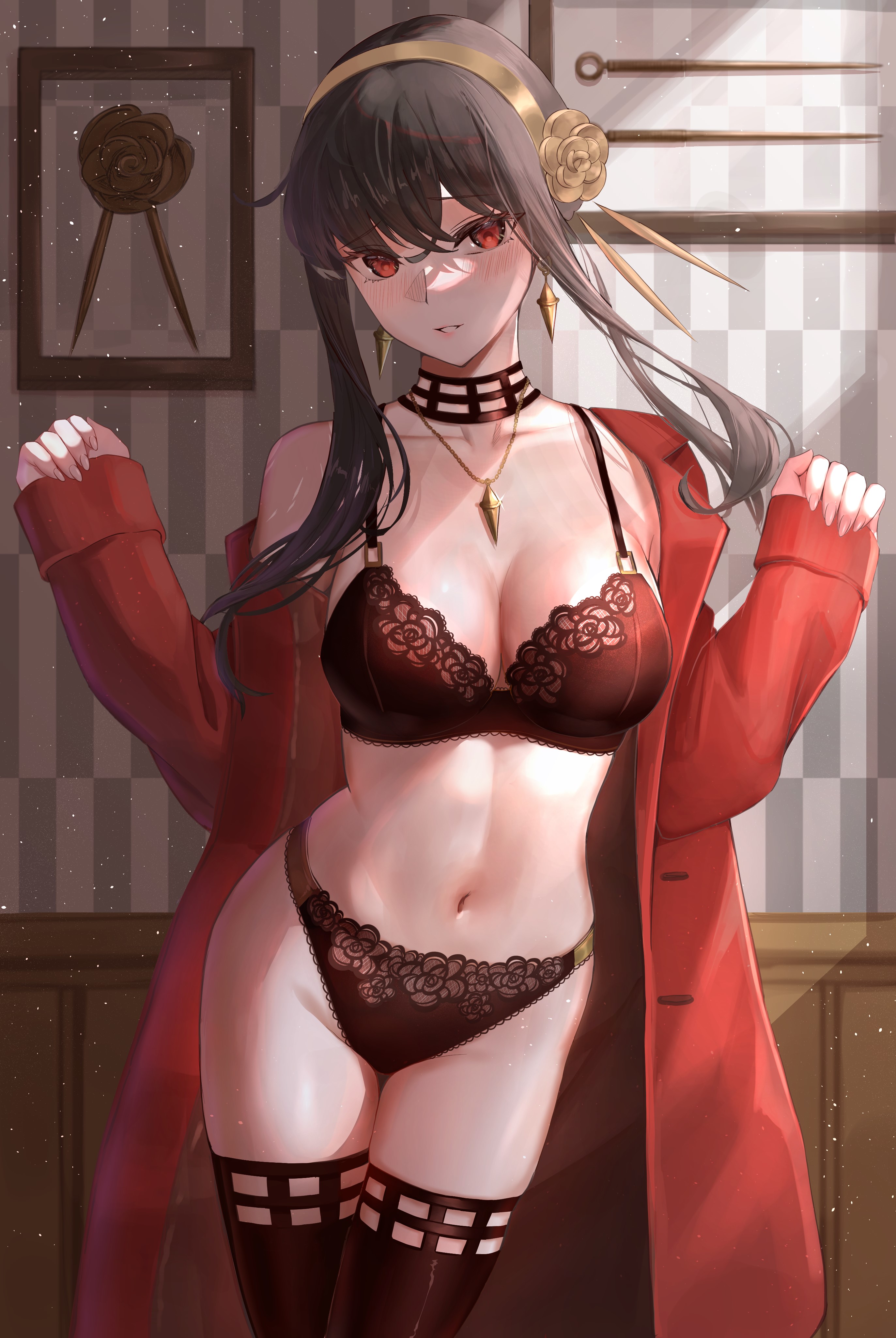 1girls, assassin, big breasts, black bra, black hair, black panties, black thighhighs, blush, bottomwear, bra, breasts, cleavage, clothing, ear piercing, earrings, female, female only, flower, flower in hair, hair, hair ornament, lace, lace trim, lace-trimmed bra, lace-trimmed panties, legwear, lingerie, mature, mature female, mature woman, milf, necklace, neckwear, open clothes, panties, red eyes, solo, spy x family, stiletto (weapon), thick thighs, thighhighs, thighs, thorn princess, topwear, yor briar, yous (artist)