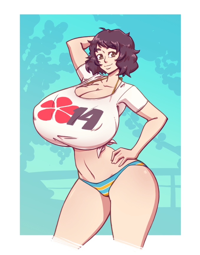 1girls alternate_version_available atlus big_breasts bikini bikini_bottom black_hair bottomwear breasts female female_only hair hand_on_head hips huge_breasts large_breasts massive_breasts mature mature_female mature_woman n647 no_text_version persona persona_5 sadayo_kawakami shirt short_hair smile solo swimsuit swimwear thighs topwear white_shirt yellow_eyes