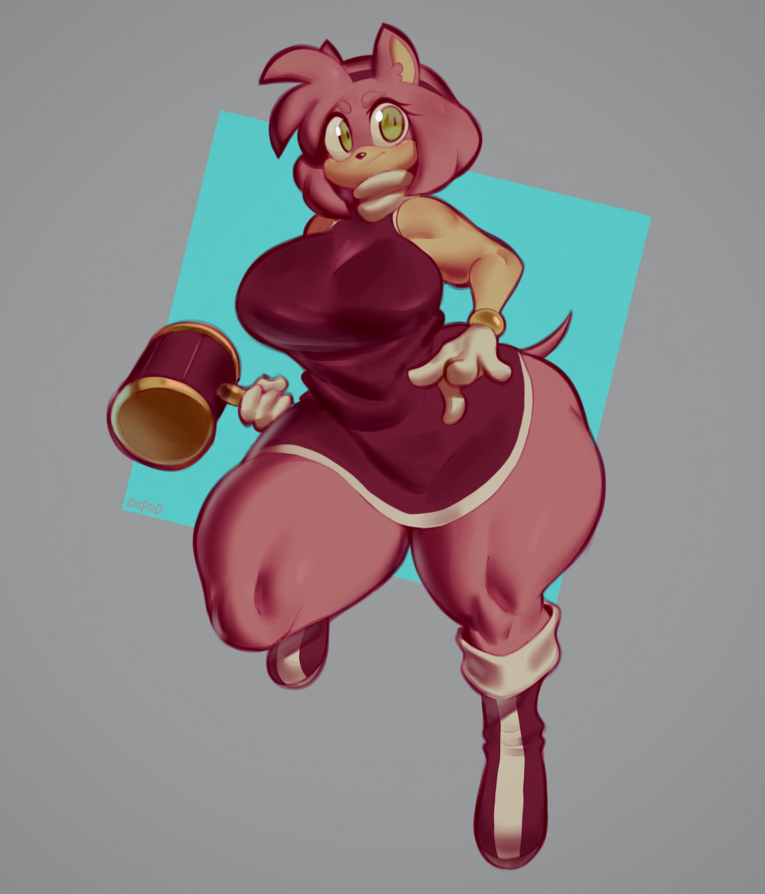 1girls, 4 fingers, alternate body type, alternate breast size, amy rose, anthro, ass, bracelet, breasts, clothed, clothing, diipiid, eldiipiid, female, female only, fur, furry, furry only, gloves, green eyes, green-eyed female, hairband, hedgehog, hedgehog humanoid, hi res, hips, large ass, large breasts, mallet, piko piko hammer, pink fur, pink hair, pink-haired female, sega, simple background, skirt, solo, solo female, sonic (series), sonic the hedgehog (series), tan fur, thick thighs, thighs, wide hips