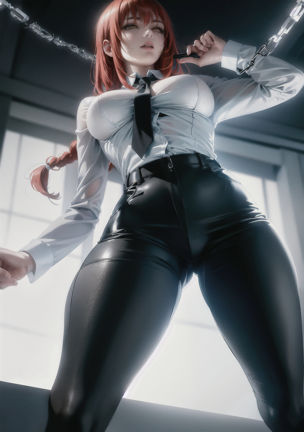 1girls, ai generated, ass visible through thighs, chainsaw man, curvy, curvy body, curvy figure, female, female focus, female only, high resolution, highres, leather, long hair, looking at viewer, looking down, makima (chainsaw man), office lady, red hair, stable diffusion, suit, voluptuous, voluptuous female