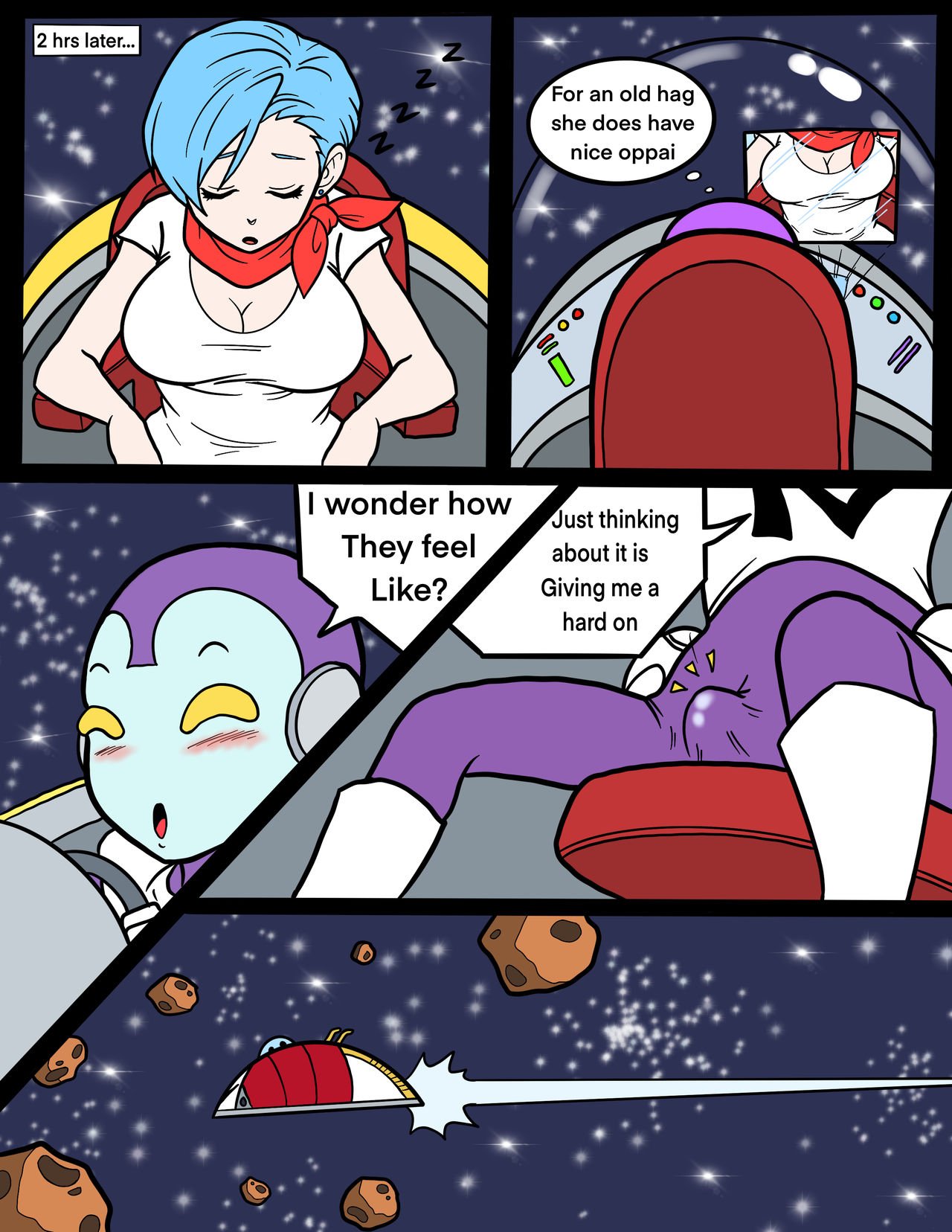 1boy 1girls blue_hair breasts bulma_briefs cleavage clothed comic comic_page dialogue dragon_ball dragon_ball_super erect_penis erection erection_under_clothes female highres jaco jaco_the_galactic_patrolman large_breasts male randomartdude scarf short_hair sleeping speech_bubble straight text