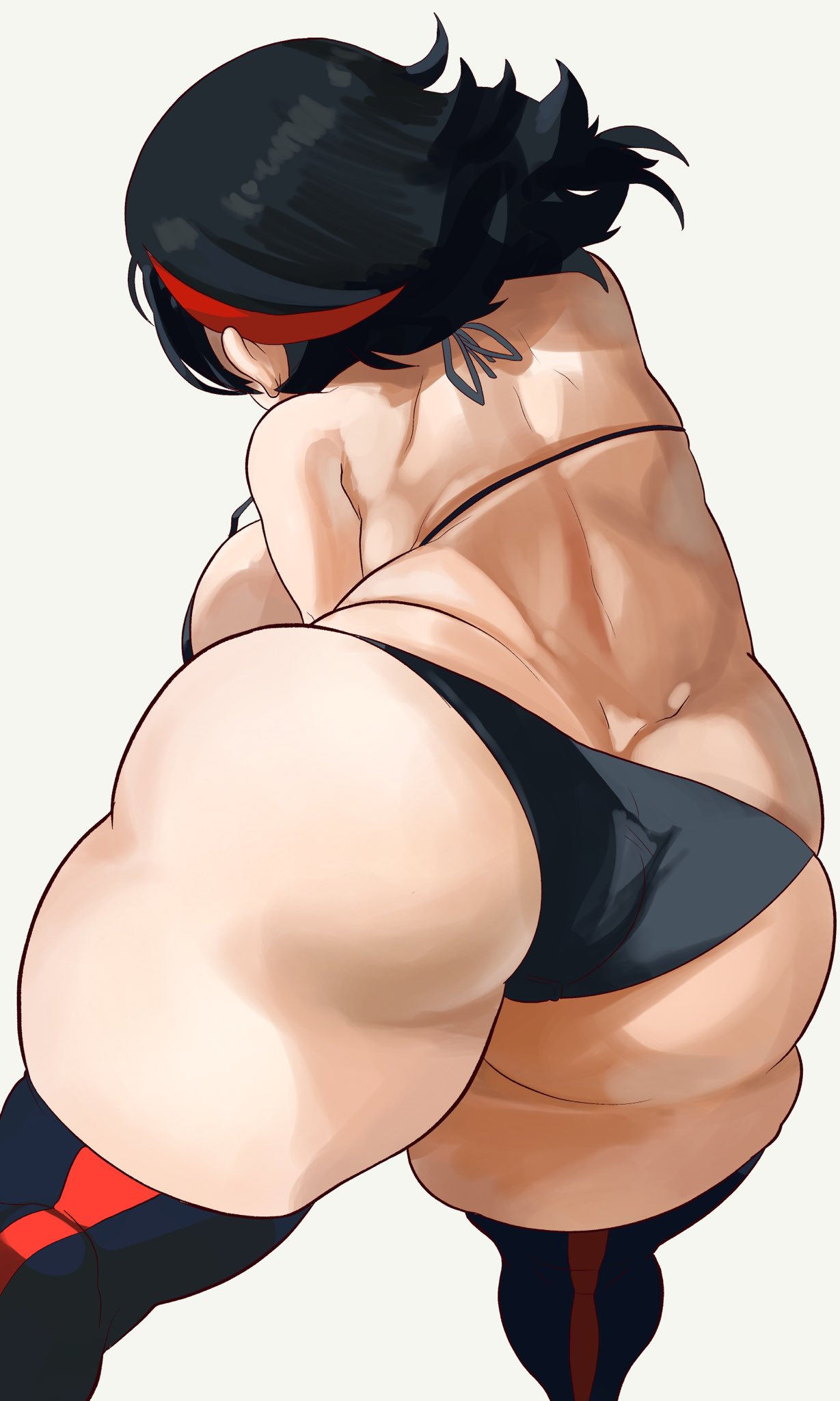 1girls, ass, big ass, bikini, black hair, breasts, bubble ass, bubble butt, fat ass, female, female focus, female only, huge ass, kill la kill, large ass, matoi ryuuko, noblood, rear view, red highlights, solo, swimsuit, thick ass, thick thighs, thighhighs, thighs, thunder thighs, white background, wide hips, year request