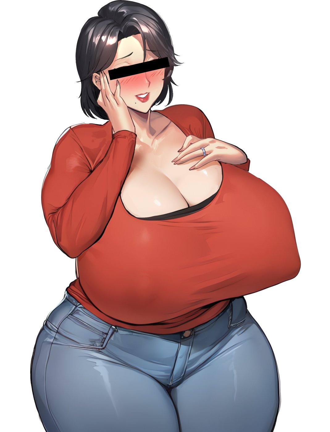 1girls black_hair blush breasts censored censored_eyes cleavage curvy female female_only huge_breasts identity_censor jeans kisuu lipstick mature_female milf mole original original_character plump short_hair simple_background voluptuous voluptuous_female white_background wife