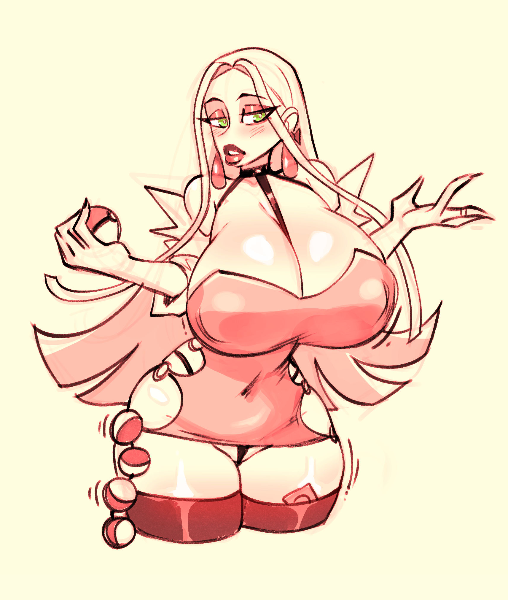 1girls, big breasts, bimbo, bodycon, breasts, cleavage, female, female only, gerph, large breasts, looking at viewer, nintendo, nipple bulge, oleana (pokemon), pokemon, pokemon ss, solo, solo female, voluptuous, wide hips