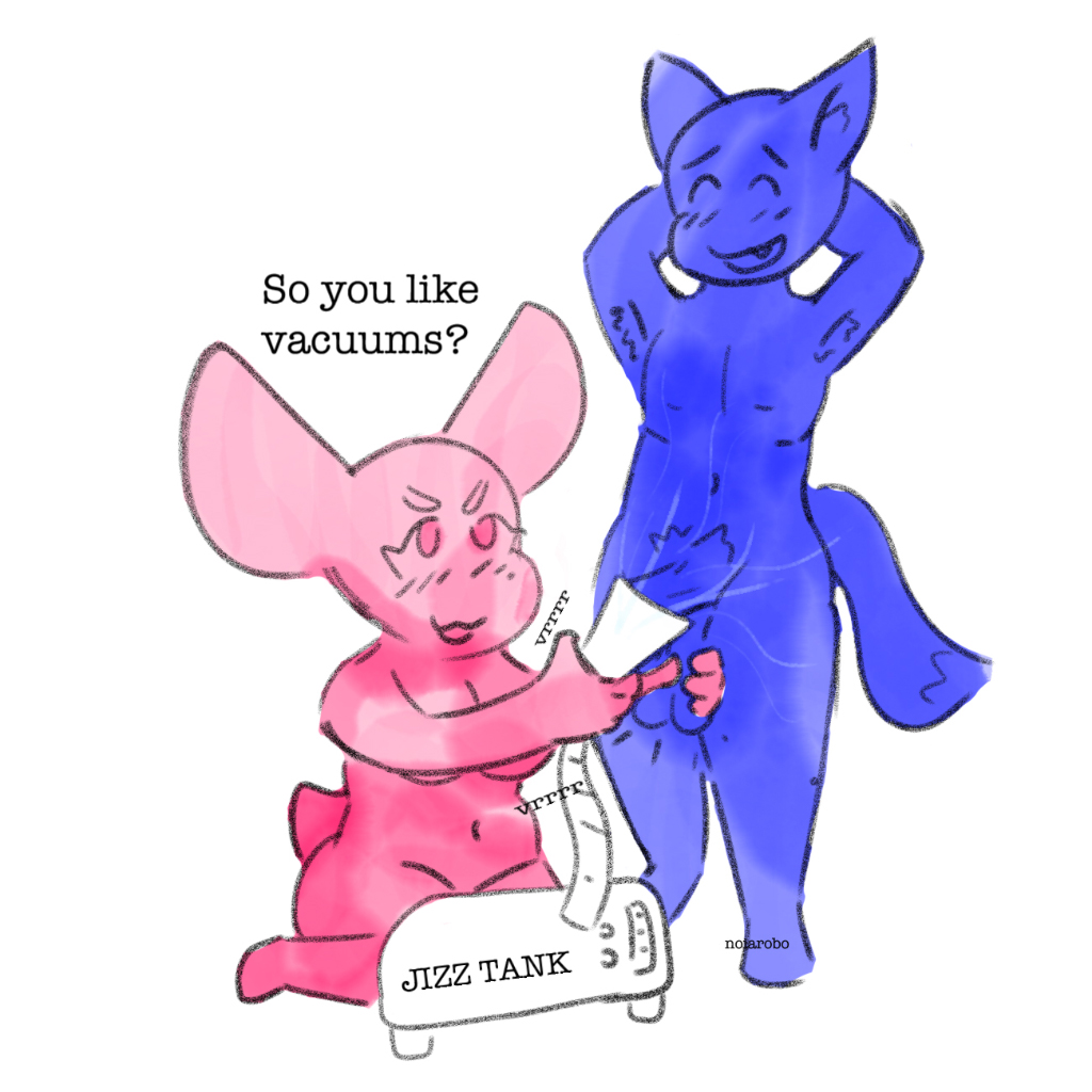 ambiguous_species anthro ball_suck blue_body dialogue dominant dominant_female duo female male male/female noiarobo oral penile penis_milking pink_body sex slightly_chubby submissive submissive_male sucking thick_thighs thyme_(noiarobo) vacuum