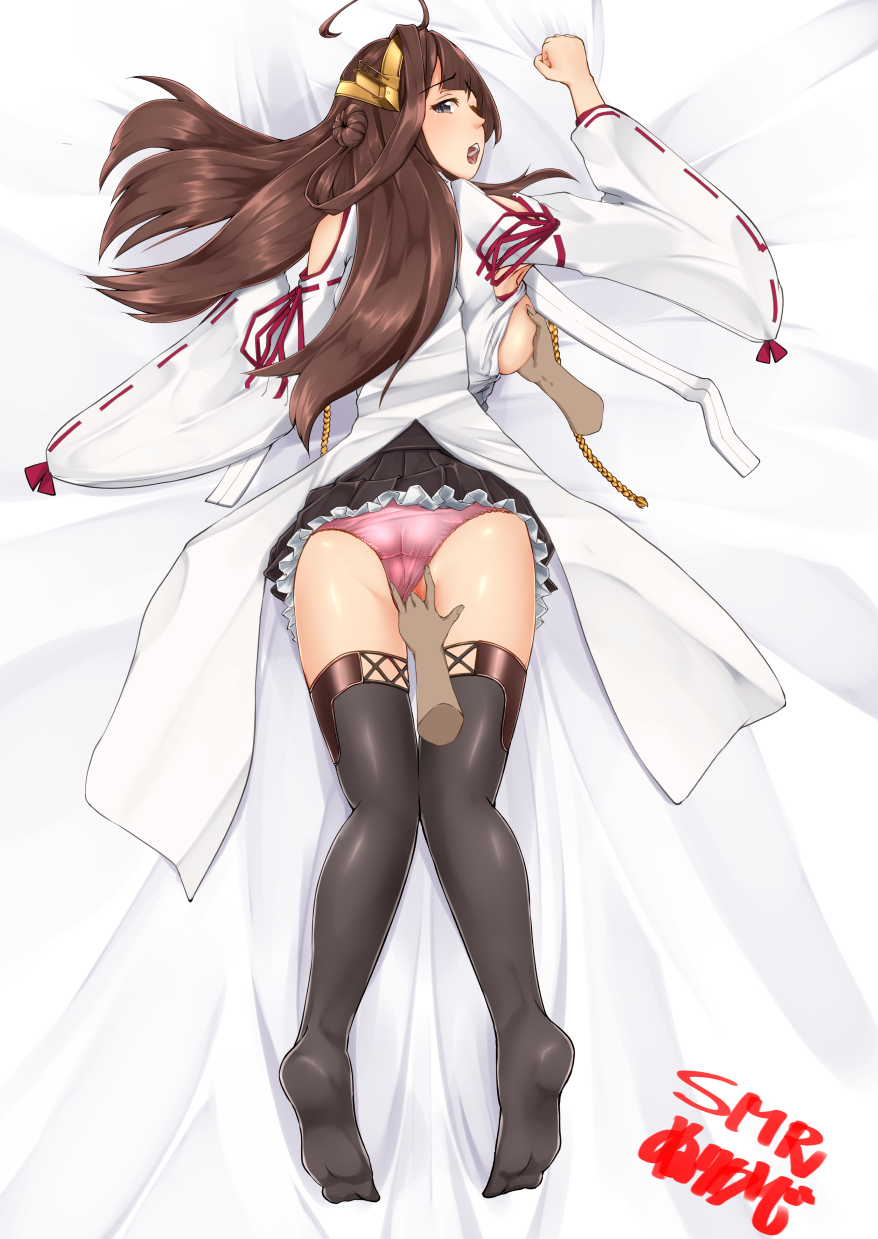 ahoge ass backboob bed bed_sheet blush breast_grab breasts brown_hair dakimakura_(medium) detached_sleeves disembodied_limb double_bun female fingering from_behind full_body grabbing groping hair_bun happy happy_sex headgear highres japanese_clothes kantai_collection kongou_(kantai_collection) open_mouth tadokoro_nurikabe