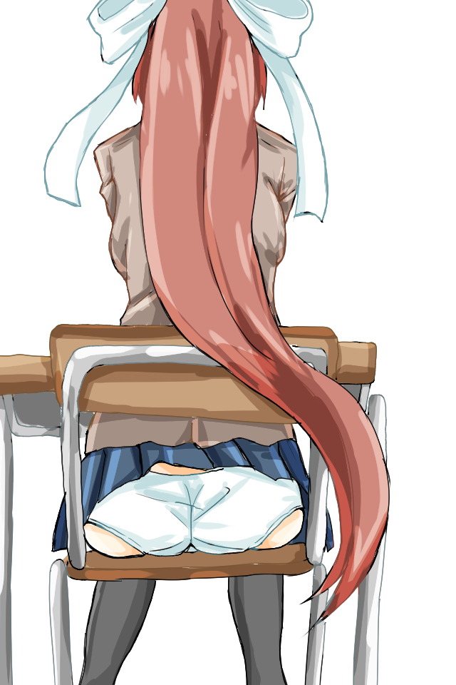 ass back_view blue_skirt chair desk doki_doki_literature_club long_hair monika_(doki_doki_literature_club) panties pantyshot school_chair school_desk skirt white_background white_panties ろいせ