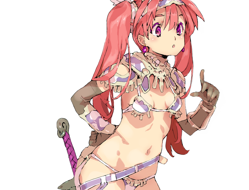 1girls bikini bikini_armor_explorers cute petite red_hair small_breasts standing transparent_background weapon