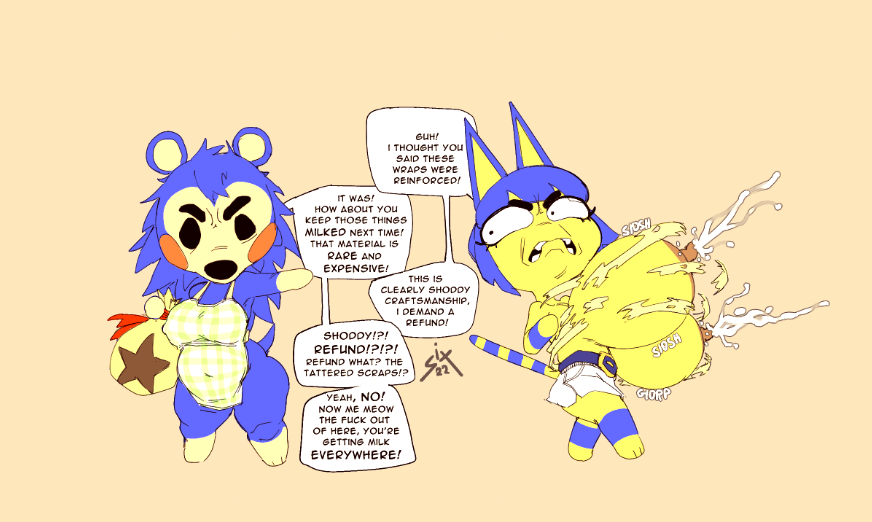 2022 2girls angry animal_crossing ankha annoyed anthro apron apron_only belt big_breasts big_eyes blue_body blue_hair breast_play breasts breasts_bigger_than_head breasts_out cat_ears cat_tail catgirl chubby chubby_female clothing covering covering_breasts covering_nipples dated dialogue duo egyptian egyptian_mythology english_text eyebrows eyelashes fangs felid feline felis female fur furry hedgehog huge_breasts lactating lactation large_breasts mabel_able milk nintendo nipples ripped_clothing shortstack sixsidesofmyhead skirt slightly_chubby snout spiky_hair swear sweat tail text text_bubble thick thick_thighs top_heavy wardrobe_malfunction yellow_body