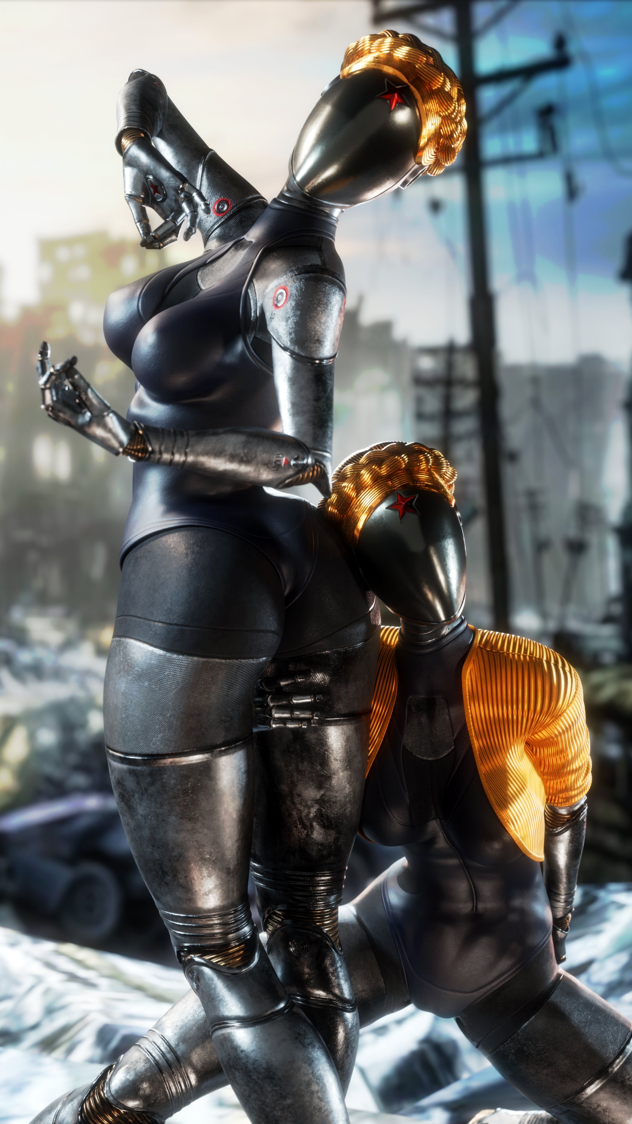 2023, 2girls, 3d, 3d (artwork), ass, atomic heart, big ass, big breasts, big butt, big thighs, blonde hair, braided hair, breasts, busty, cleavage, curvaceous, curves, curvy body, curvy female, curvy figure, curvy hips, featureless breasts, female, female focus, female only, fit, fit female, grey body, hair, hi res, highres, hips, holding thigh, hourglass figure, jacket, large ass, large breasts, large butt, left (atomic heart), looking at viewer, looking down at viewer, metallic body, on bed, on knees, open jacket, red star, right (atomic heart), robot, robot girl, robot joints, robotic arm, shiny, skxx elliot, squatting, standing, sunset, the twins (atomic heart), thick thighs, thighhighs, thighs, underboob, voluptuous, wide hips, yellow jacket