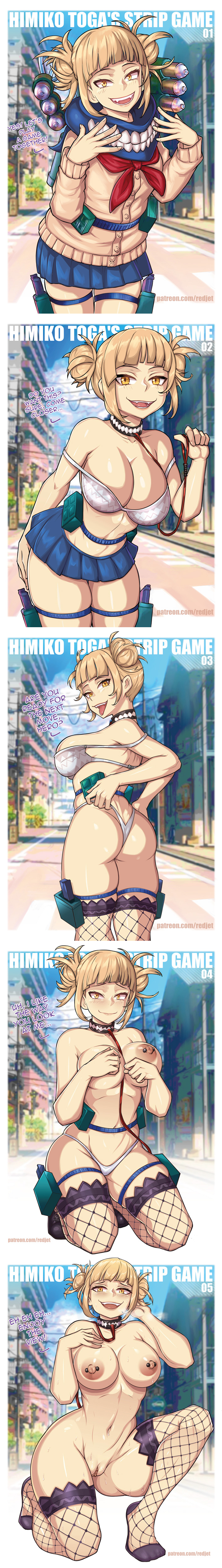 1girls areolae ass blonde_hair blush breasts choker double_bun english_text eye_contact female female_focus female_only fishnet_stockings fishnets himiko_toga light_skin looking_at_viewer miniskirt my_hero_academia nipple_piercing nipples part_1 part_2 part_3 part_4 part_5 pierced_nipples piercing pussy redjet skirt smile solo solo_female strip_game text thick_thighs thighs thong tongue tongue_out topless yellow_eyes