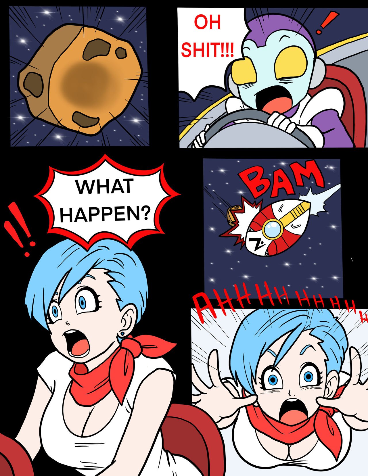 1boy 1girls blue_eyes blue_hair breasts bulma_briefs cleavage clothed comic comic_page dialogue dragon_ball dragon_ball_super female highres jaco jaco_the_galactic_patrolman large_breasts male open_mouth randomartdude scarf shocked short_hair speech_bubble straight surprised text wide_eyed