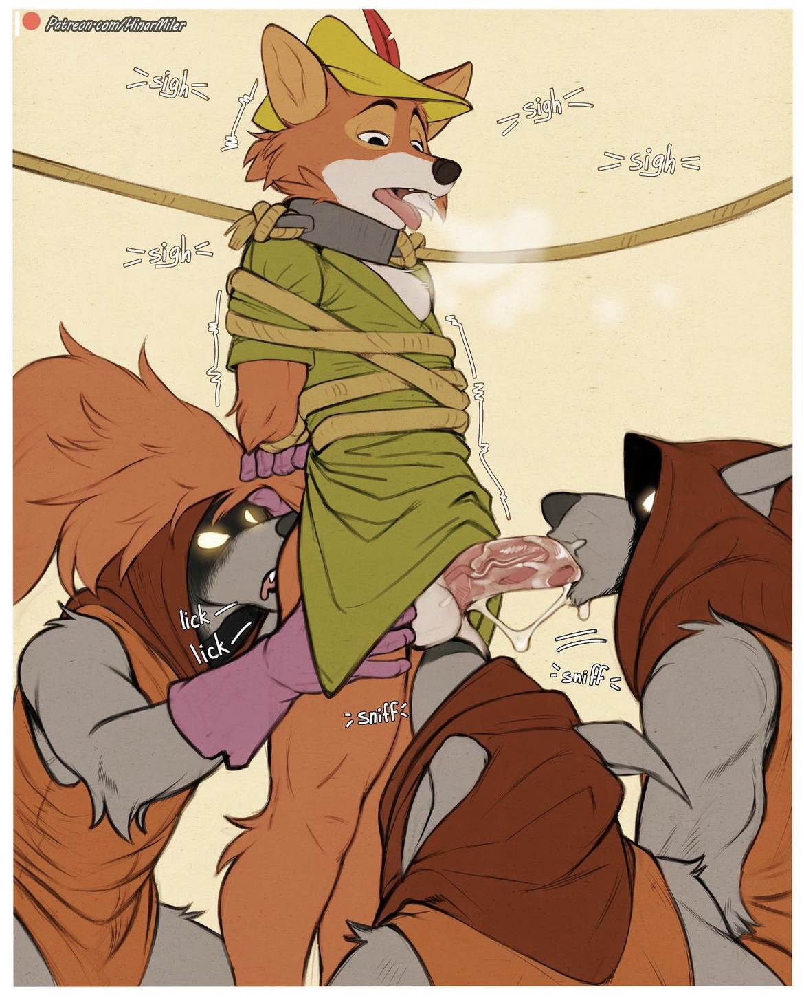 3boys, anal, anthro, blowjob, clothing, cum, cum in mouth, disney, fox, furry, gay, hinar miler, male, penis, pink penis, red fur, riding penis, robin hood (character), robin hood (disney), tongue