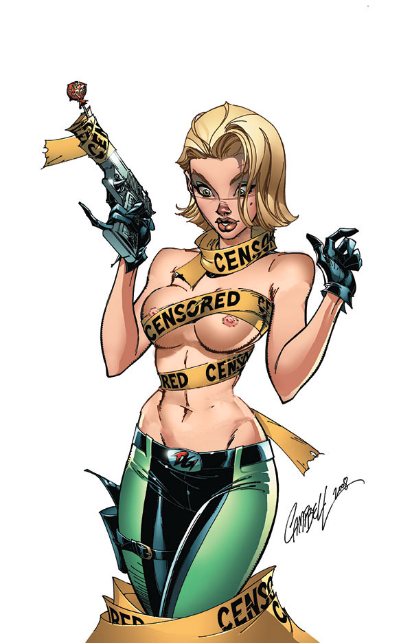 abbey_chase beauty_mark black_gloves blonde_hair breasts censored_tape danger_girl desert_eagle female female_only front_view green_pants gun holding_gun human j_scott_campbell nipples no_bra pale_skin pants pistol secret_agent solo standing tagme topless