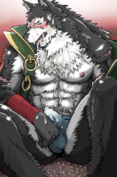 anthro balls canine cum cum_in_face cum_in_mouth cumshot dudedle erection fundoshi fur furry male_only muscles orgasm penis scar underwear wolf