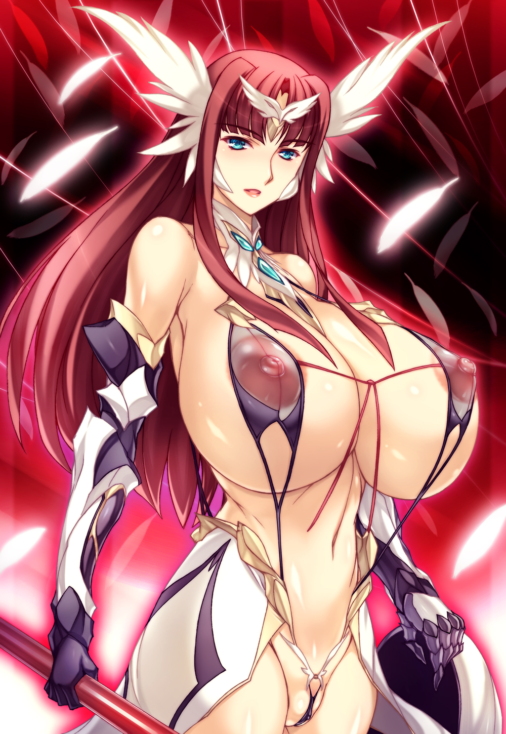 1girls areola areolae blue_eyes breasts clitoris erect_clitoris female gigantic_breasts head_wings headwings highres huge_breasts ishida_hiroyuki long_hair nipples red_hair solo