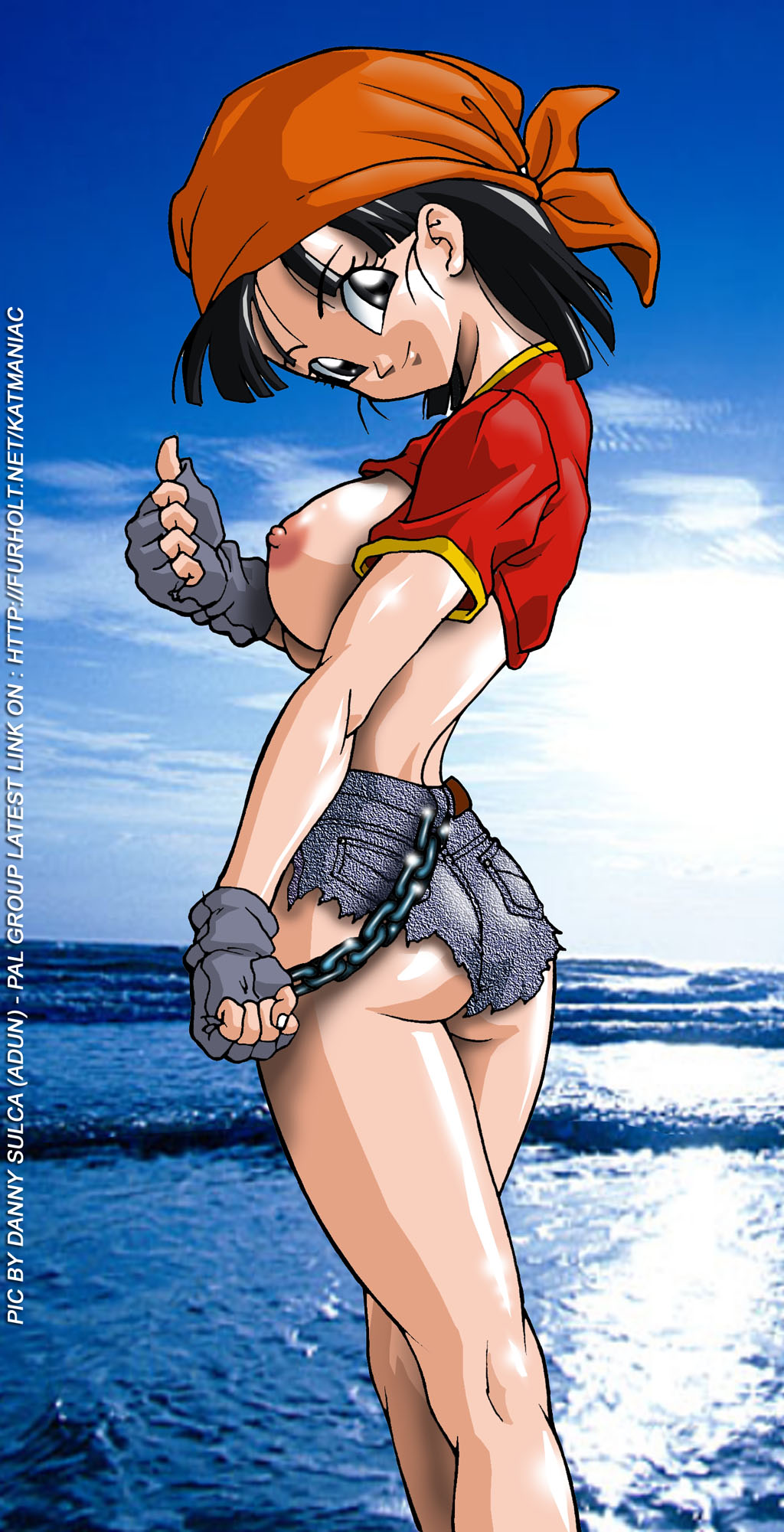 1girls adun ass ass_focus bandana big_breasts black_eyes black_hair booty_shorts breasts butt butt_focus chain chains dragon_ball dragon_ball_gt female female_focus female_only female_solo fingerless_gloves grey_gloves light-skinned_female light_skin looking_at_viewer looking_back nipples orange_bandana pan_(dragon_ball) photo_background shiny shiny_ass shiny_clothes shiny_eyes shiny_hair shiny_skin shirt shirt_up smile smiling smiling_at_viewer solo solo_female solo_focus thumbs_up