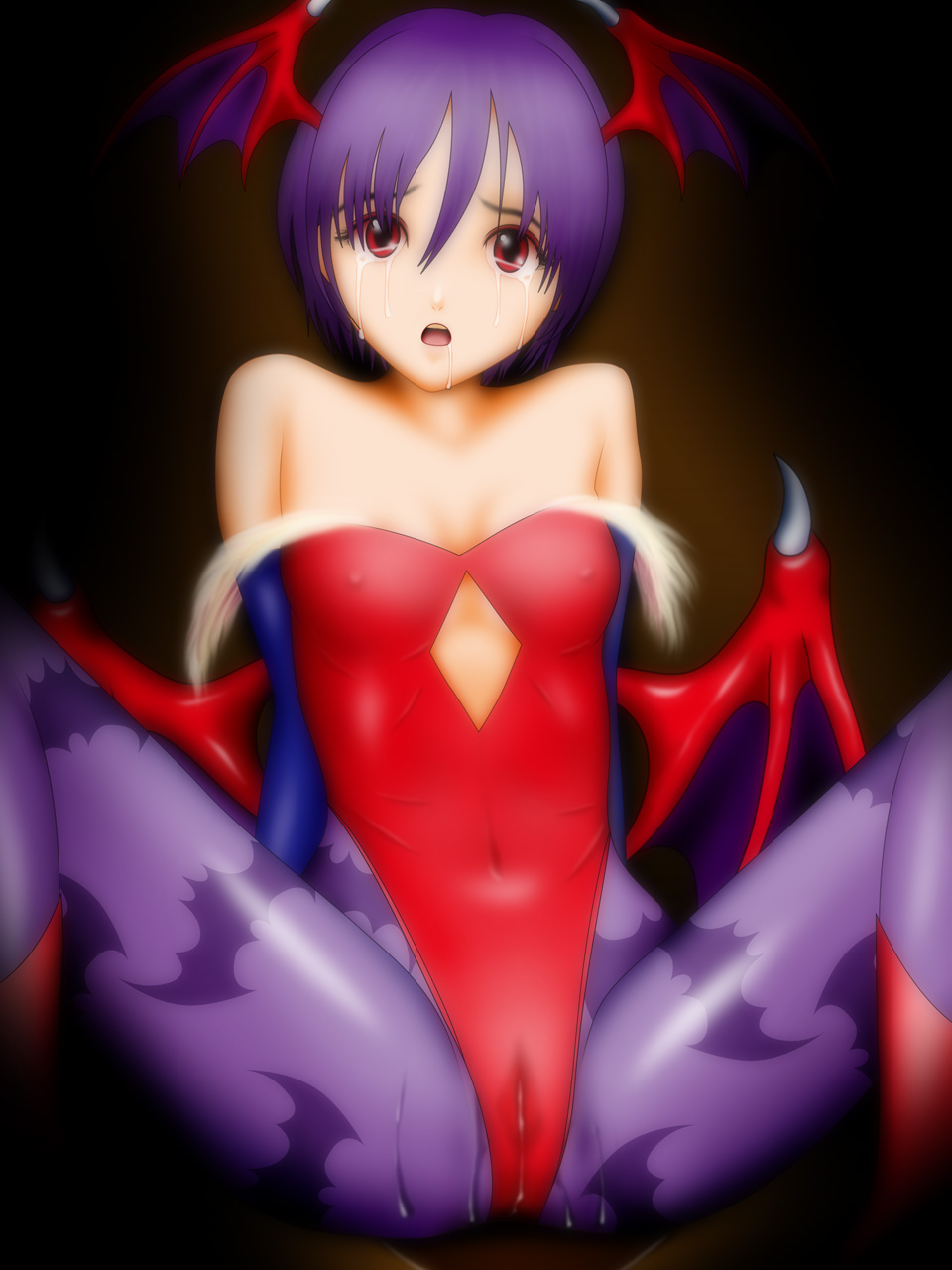 cameltoe clothing darkstalkers erect_nipples erect_nipples_under_clothes flat_chest head_wings lilith_aensland naturaldays pantyhose pussy_juice samejima_minoru succubus tears wings