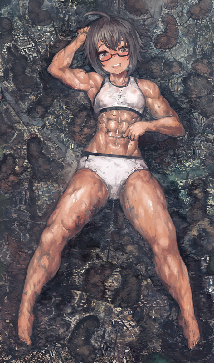 abs black_hair blush city color destruction detailed_background female_only footprint giantess glasses macro muscular_arms muscular_female muscular_legs short_hair sweaty yilx