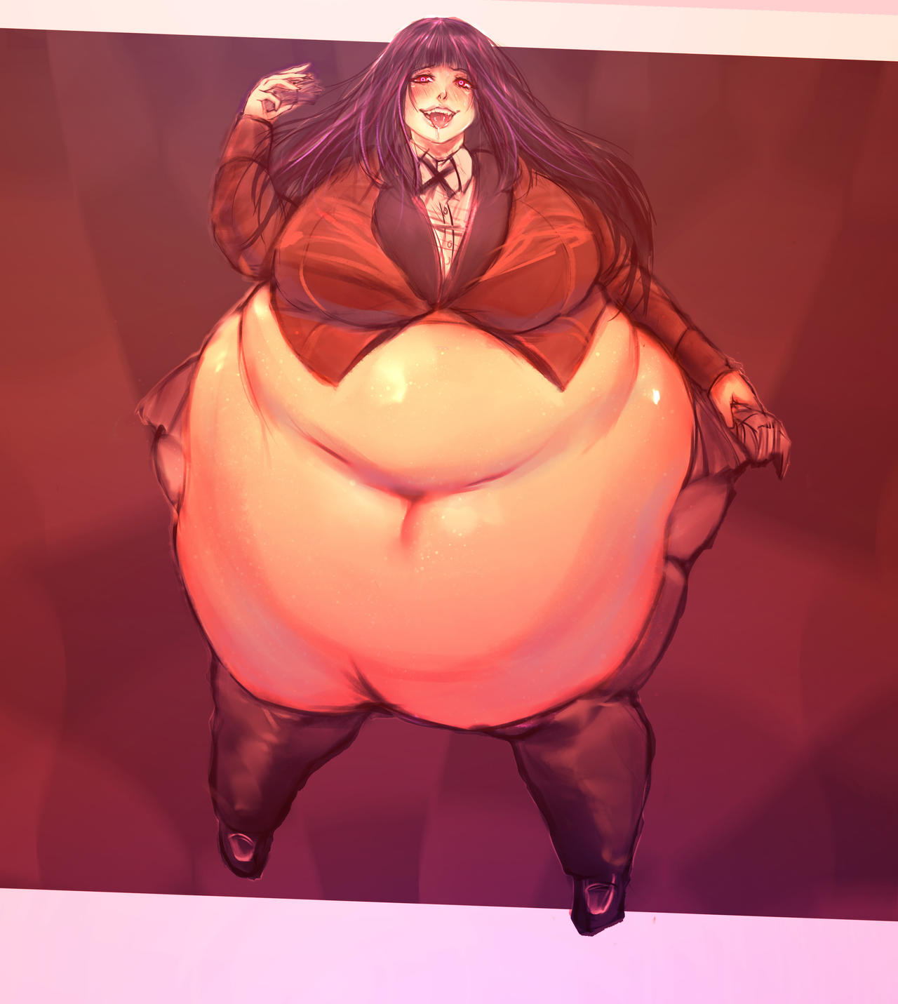 ahe_gao bamboo_ale bbw black_hair chubby fat feet hanging_belly hime_cut huge_belly hyper_belly jabami_yumeko kakegurui leggings obese obese_female school_uniform ssbbw stockings