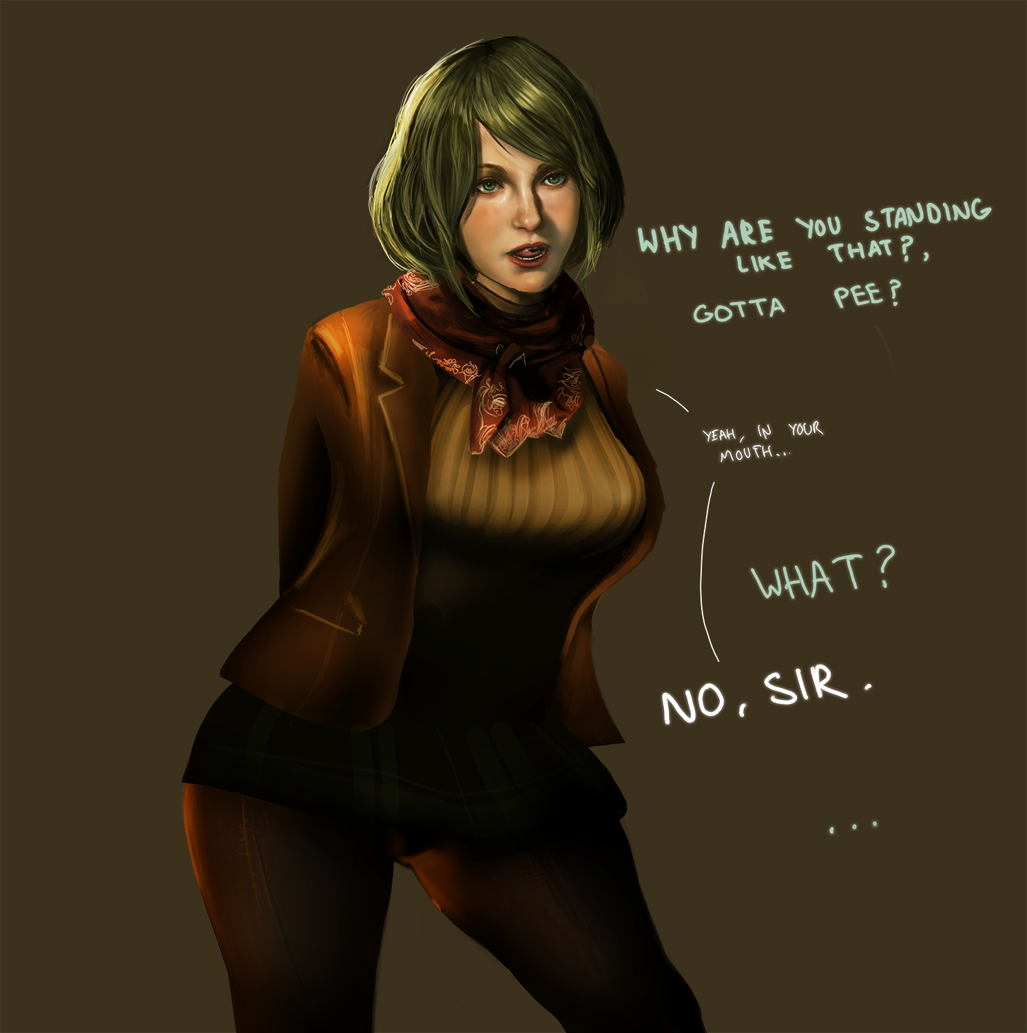 1girls, arms behind back, ashley graham, ashley graham (ella freya), blonde hair, bratty, breasts, capcom, clothed, english text, female, green eyes, jacket, jaguarart, large breasts, leon scott kennedy, male, pantyhose, peeing, pov, resident evil, resident evil 4, resident evil 4 remake, solo, sweater, white female, white male