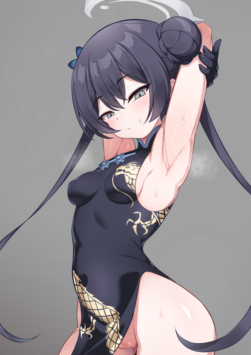 armpits arms_up bangs black_gloves black_hair blue_archive breasts butterfly_hair_ornament censored china_dress chinese_clothes closed_mouth collared_dress commentary_request double_bun dragon_print dress female genryumon_(blue_archive) gloves grey_background grey_eyes hair_between_eyes hair_bun hair_ornament halo hanuma_hanma kisaki_(blue_archive) looking_at_viewer mosaic_censoring no_panties pelvic_curtain pussy pussy_peek shanhaijing_secondary_school_student side_slit small_breasts solo steaming_body sweat twintails young