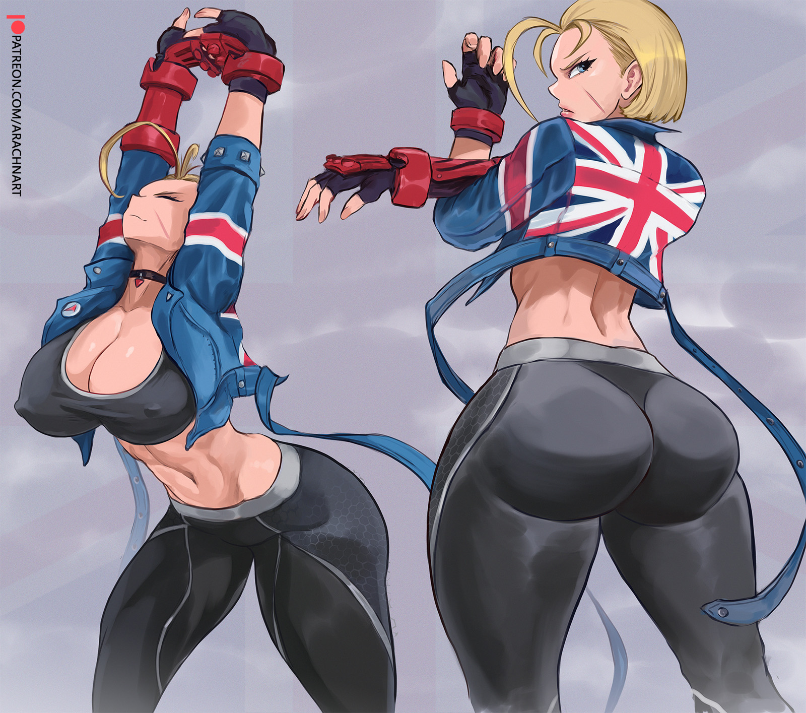 1girls, arachnart, ass, blonde hair, blonde-haired female, blue eyes, breasts, cammy stretch, cammy white, capcom, cropped jacket, female, female only, fully clothed, huge ass, huge breasts, light skin, light-skinned female, short hair, solo, sports bra, street fighter, street fighter 6, thick thighs, union jack, wide hips