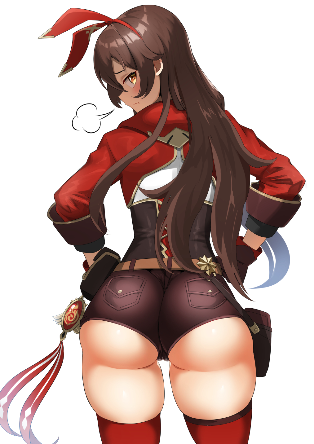 1girls amber_(genshin_impact) annoyed ass ass_focus booty_shorts female from_behind genshin_impact hi_res looking_at_viewer sigh solo standing thick_thighs thighhighs yuzu_kiro