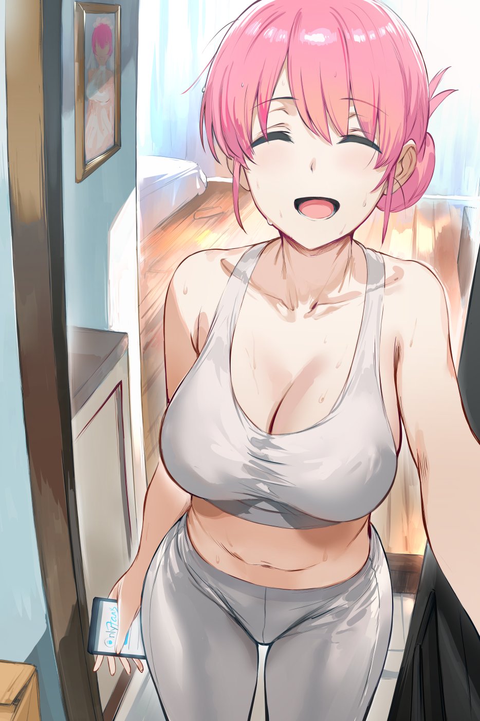 1girls bocchi_the_rock! breasts busty closed_eyes curvy_female curvy_figure gotou_michiyo happy hews_hack horny house looking_at_viewer mature_female midriff milf mommy onlyfans open_door open_mouth phone smile sports_bra sportswear standing sweat yoga_pants