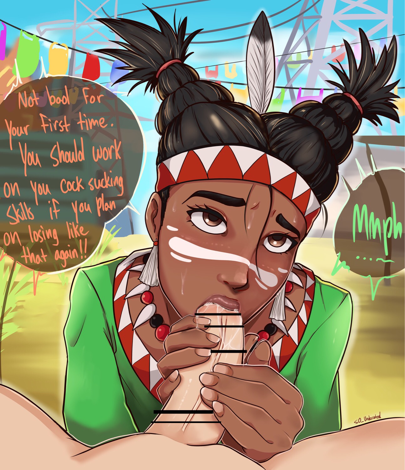 1boy, 1girls, bar censor, censored, dark skin, dark-skinned female, english text, erect penis, fellatio, female, interracial, latina, light skin, light-skinned male, lily hawk, lips, male, male pov, native american, native american female, oral, partial male, penis, playing skinflute, pov, s0 underrated, speech bubble, straight, street fighter, street fighter 6, text, twin braids