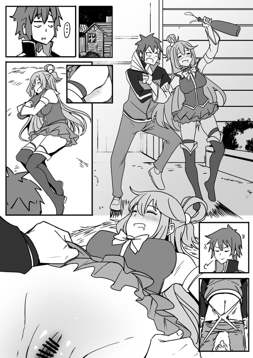 1boy 1girls aqua_(konosuba) drunk h2o_(ddks2923) kono_subarashii_sekai_ni_shukufuku_wo! lying_on_bed satou_kazuma sleeping