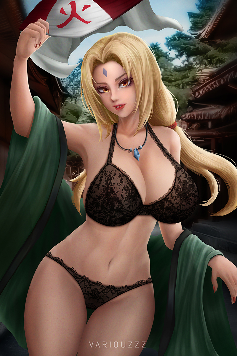 1girls big_breasts bra breasts cleavage crystal feet_out_of_frame female female_only haori hat hat_removed hokage hokage_hat holding_hat holding_object jewelry large_breasts legs_together lingerie long_hair makeup mature mature_female mature_woman midriff nail_polish naruto naruto_(classic) naruto_(series) naruto_shippuden necklace panties solo solo_focus tsunade twintails underwear variouzzz voluptuous waistcoat