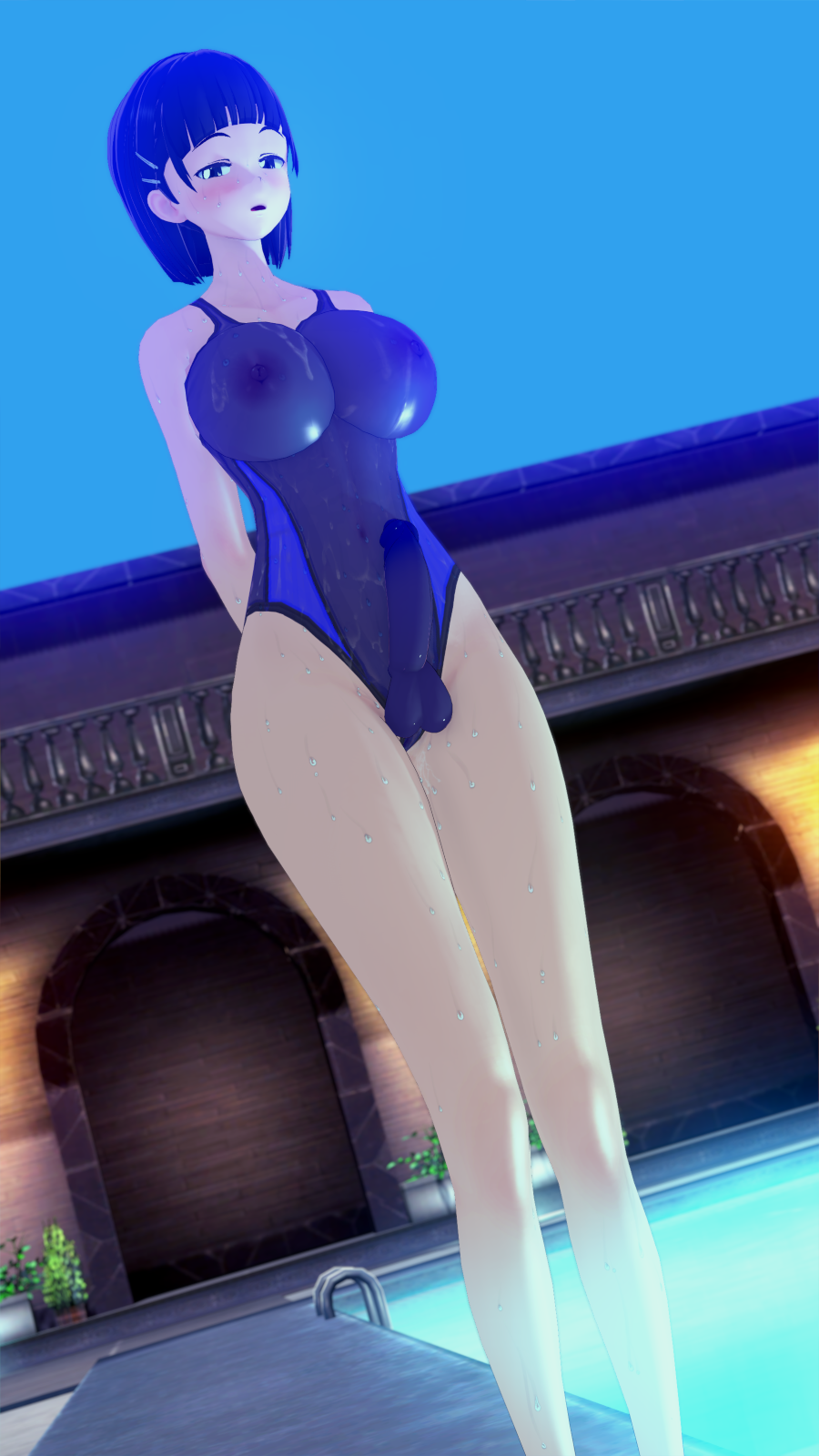 1futa 3d big_breasts big_penis black_hair bulge bulge_through_clothing erection_under_clothes futa_only futanari hairpin kirigaya_suguha koikatsu lovac22 night nipples pool shiny_clothes short_hair swimsuit sword_art_online testicles translucent_clothing wet