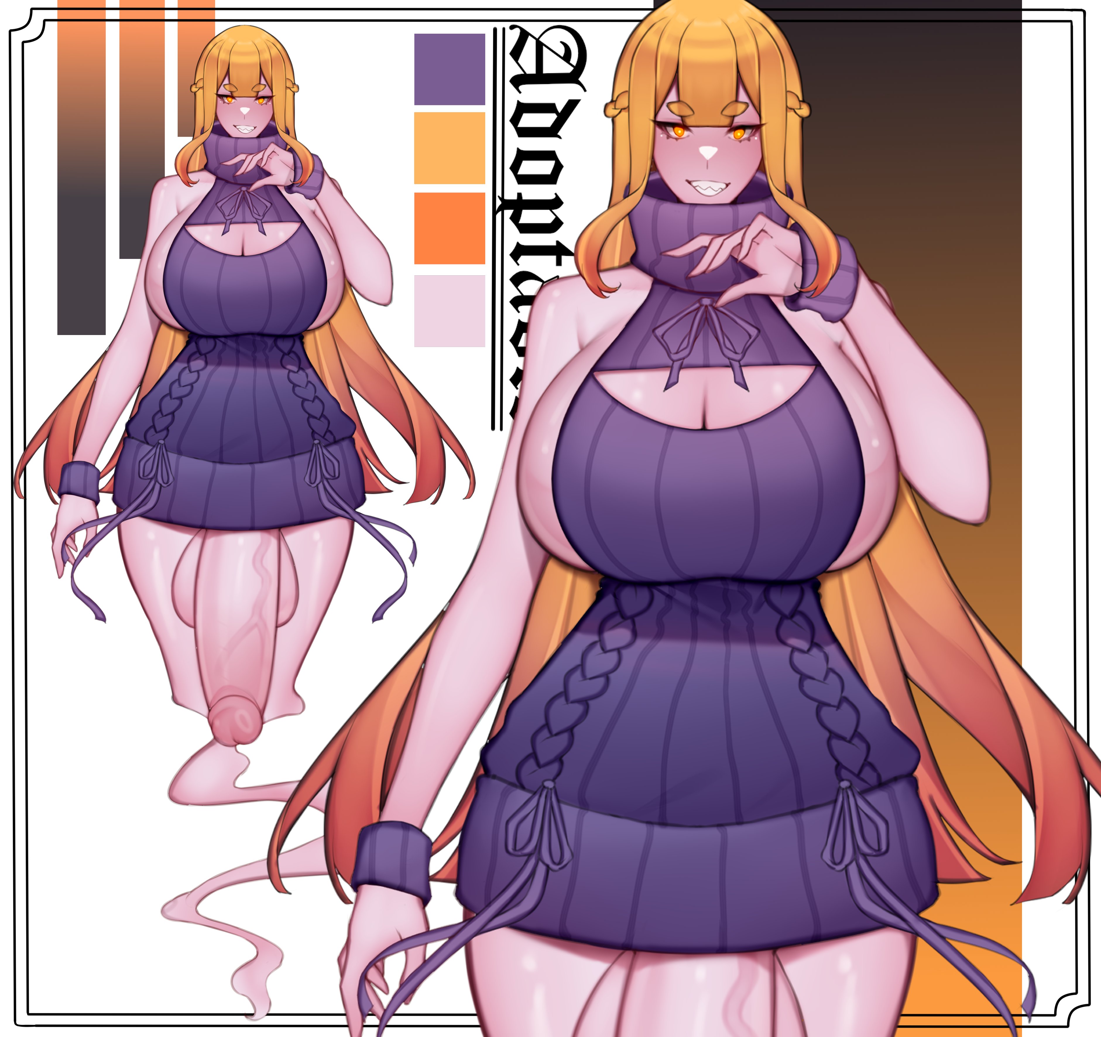 1futa, adoptable, balls, big breasts, bottomless, breasts, busty, character sheet, cleavage cutout, clothed, clothing, fat cock, futa only, futanari, gigantic penis, ginger, ginger hair, huge balls, huge breasts, huge cock, human, intersex, large balls, large breasts, light skin, light-skinned futa, long hair, oc, orange hair, original, original character, partially clothed, penis, sideboob, sleeveless, solo, standing, sweater, thick penis, thick thighs, turtleneck, unbeller, veiny penis, wide hips