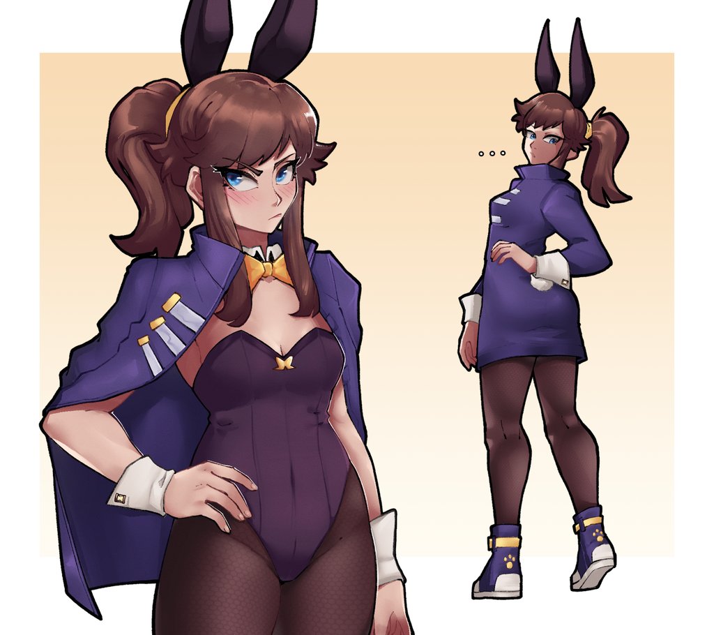 a hat in time, black legwear, black leotard, blue eyes, blush, bowtie, brown hair, bunny ears, bunnysuit, coat, female, hannesf22, hat adult, hat kid, looking at viewer, no bra, pantyhose, ponytail