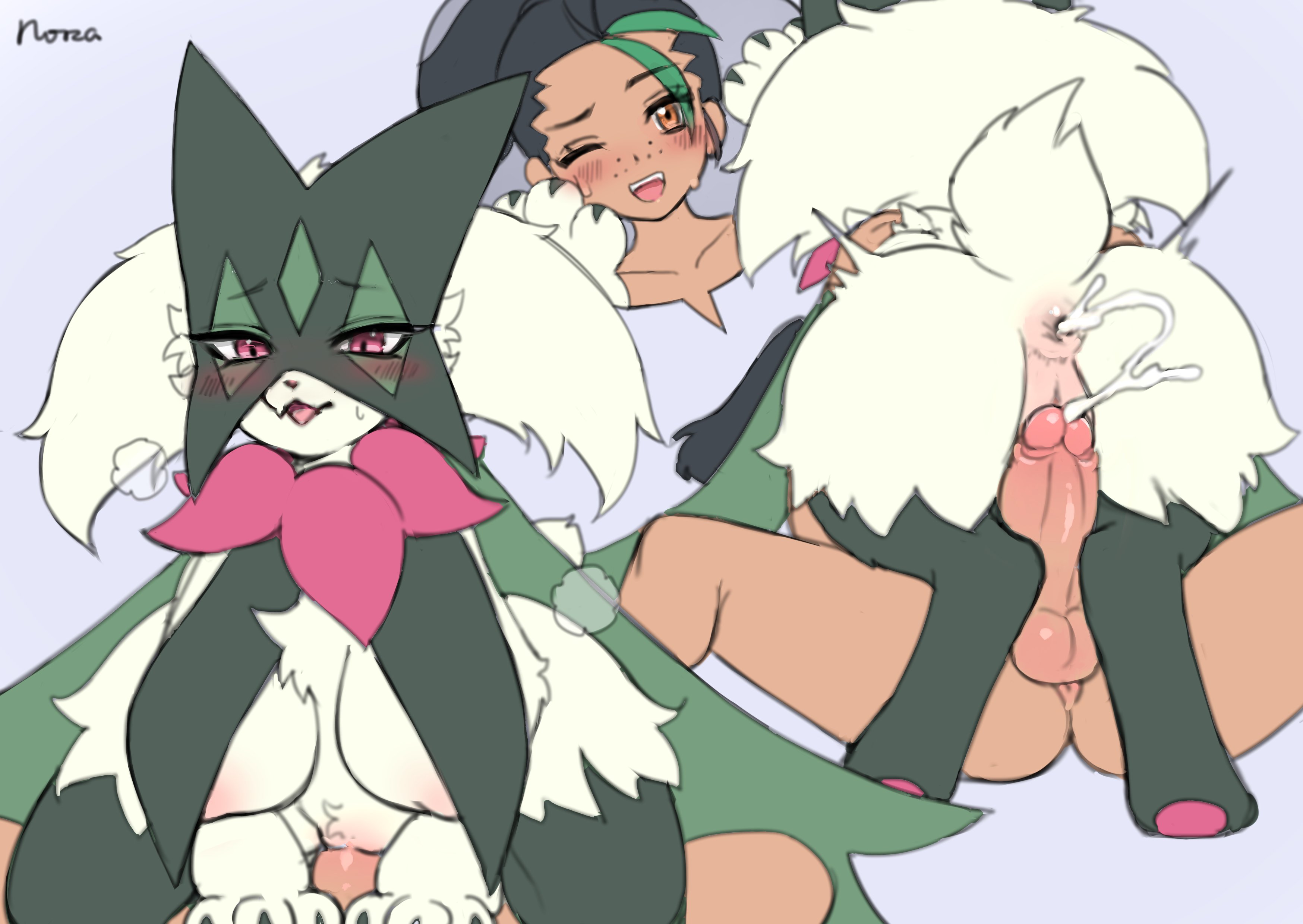 1futa, 1girls, after sex, anthro, anus, areolae, ass, breasts, brown skin, cat ears, cum, cum in ass, feline, female, furry, futa on female, futanari, futasub, green fur, huge breasts, intersex, interspecies, mask, meowscarada, nemona (pokemon), nintendo, nipples, norza, penis, pokémon (species), pokemon, pokemon (species), pokemon sv, pokephilia, pussy, uncensored, wholesome, wholesome sex