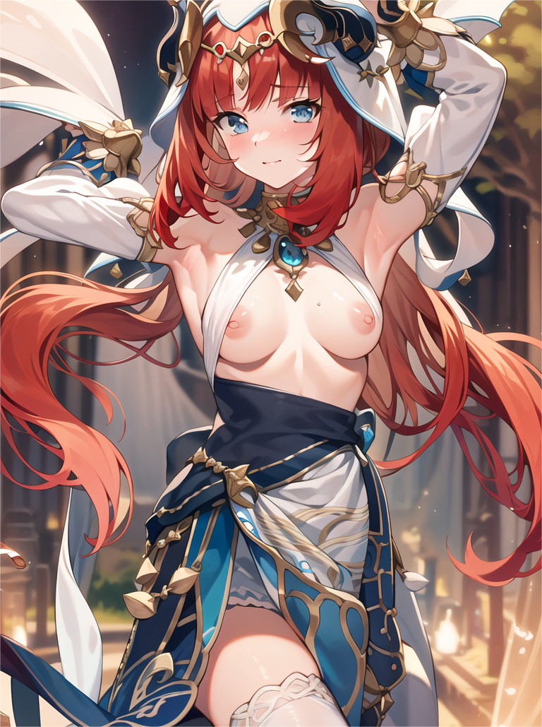 ai generated, belly dancer, belly dancer outfit, blue eyes, breasts, breasts out, dancing, exhibitionism, exposed breasts, female, female only, genshin impact, harem outfit, looking at viewer, nilou (genshin impact), nipples, red hair, smile, wardrobe malfunction