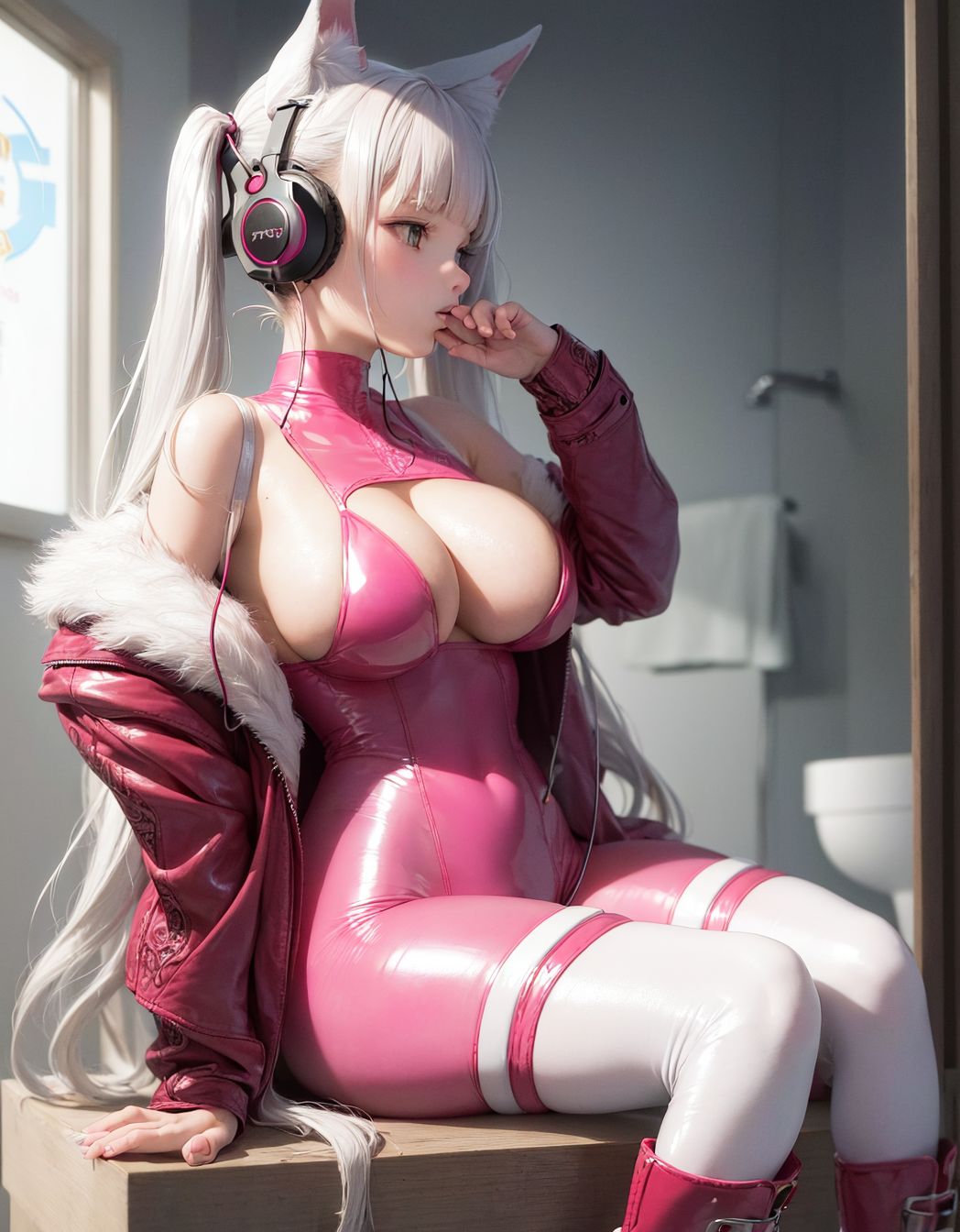 ai_generated alice_(nikke) bodysuit fluffymammoth goddess_of_victory:_nikke headphones high_heel_boots pink_bodysuit