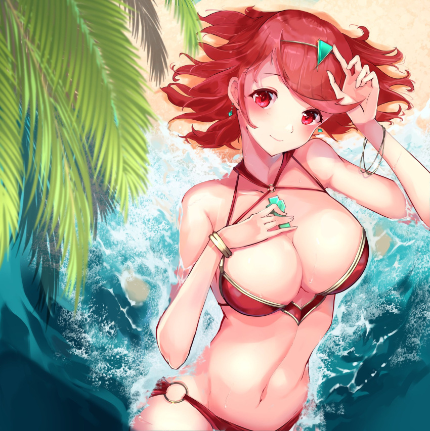 1girls beach bikini bracelets breasts core_crystal earrings in_water large_breasts laying_down looking_at_viewer midriff navel nintendo o-ring_bikini o-ring_swimsuit ocean palm_tree pyra red_bikini red_eyes red_hair red_swimsuit risumi_(taka-fallcherryblossom) short_hair swimsuit tiara tree water xenoblade_(series) xenoblade_chronicles_2