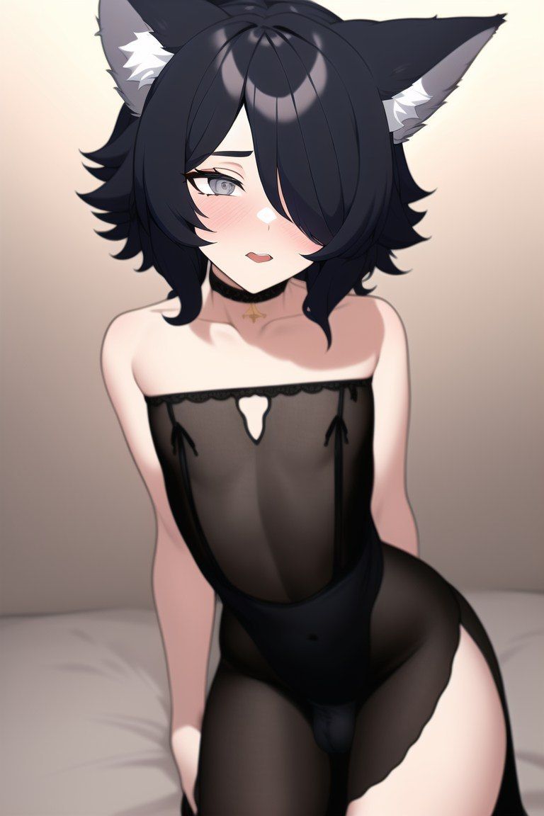 1boy ai_generated black_hair bulge crossdressing femboy fox_ears fox_tail male nixer original otoko_no_ko simple_background tagme trap virtual_youtuber vtuber