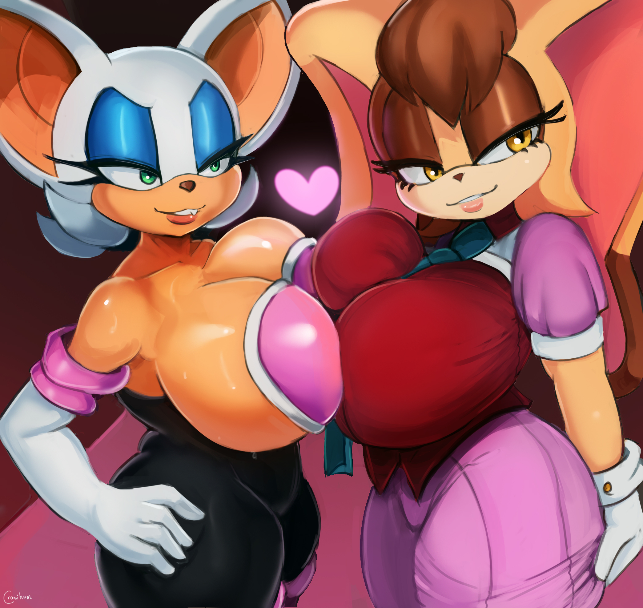 2girls, bat, bedroom eyes, big breasts, bodysuit, breast press, breasts, breasts to breasts, breasts touching, busty, chiropteran, cleavage, clothing, cranihum, dress, female, female only, half-closed eyes, hand on hip, huge breasts, lagomorph, large breasts, milf, mother, rabbit, rouge the bat, sega, shortstack, sonic (series), sonic the hedgehog (series), sweat, thick thighs, vanilla the rabbit, wide hips, yuri